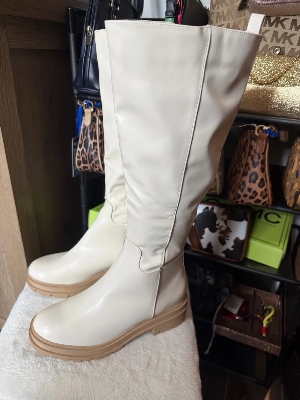 Women's Cream Color Block Herl Boots with Side Zip